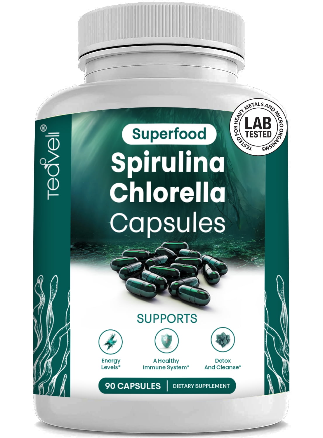 Teaveli Organic Spirulina & Chlorella Capsules Detox, Energy & Immune