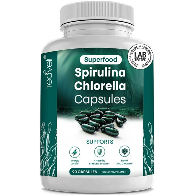 Organic Spirulina and Chlorella Capsules Chlorophyll & Blue Green Algae to Support