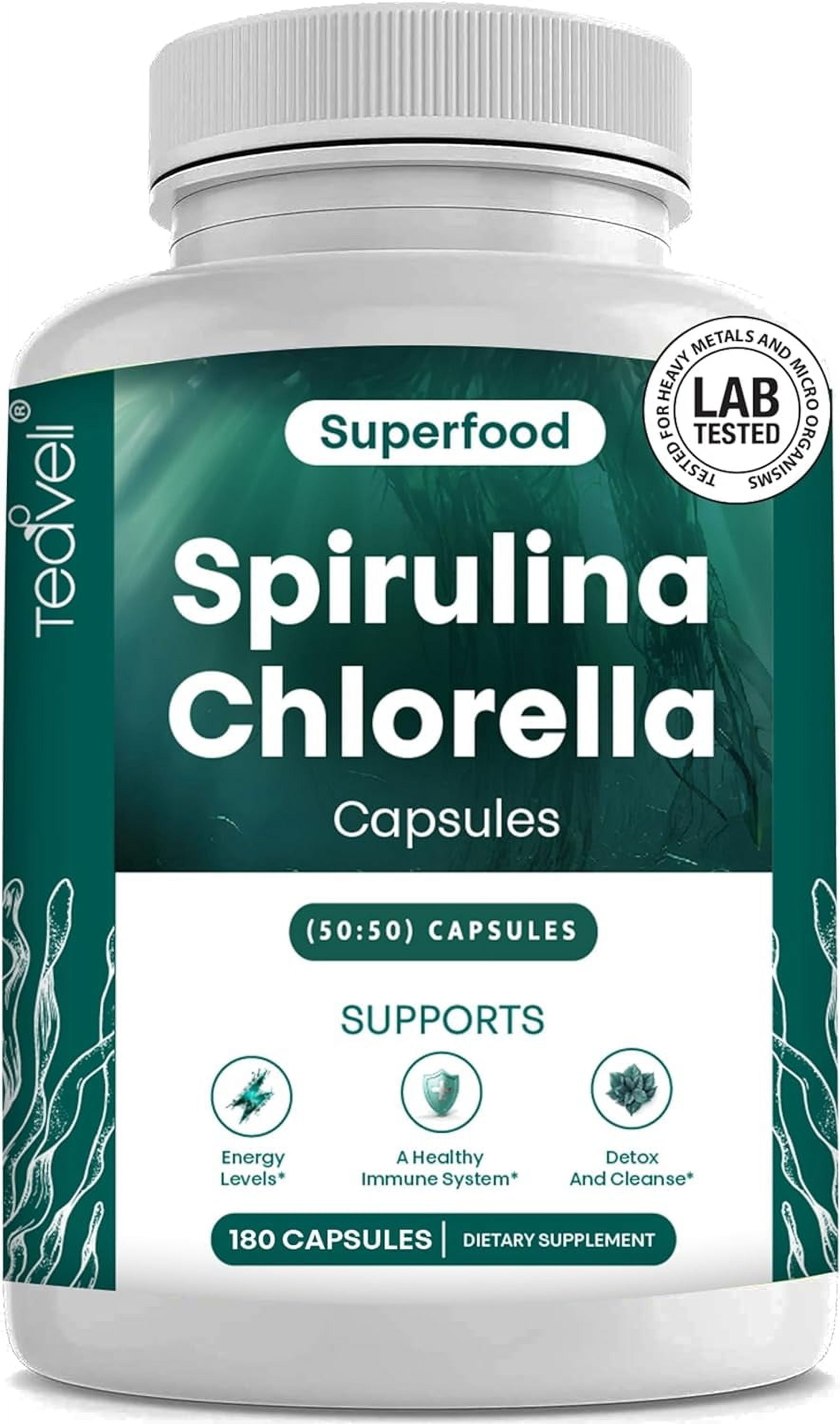 Organic Spirulina and Chlorella Capsules  180 Blue Green Algae & Chlorophyll Capsules