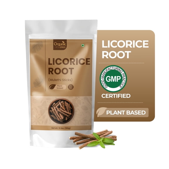 Organic Spree Licorice Root (Mulethi Sticks) | Glycyrrhiza glabra, Yashtimadhu | 5.3 oz (150 gm) | GMP Certified
