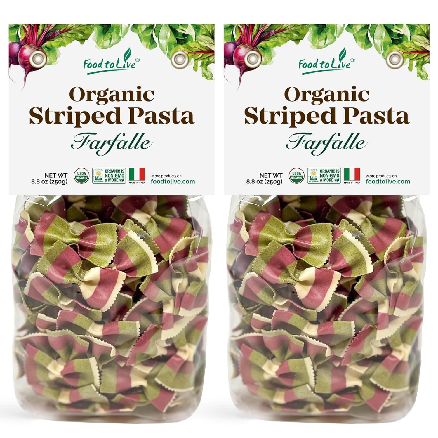 Organic Striped Farfalle Pasta, 8.8 Oz (Pack Of 2) - Italian Artisan Tri-Color Bow-Tie Pasta. Non-GMO, Vegan, Made With Semolina, Beet And Spinach. Perfect For Gourmet Cooking