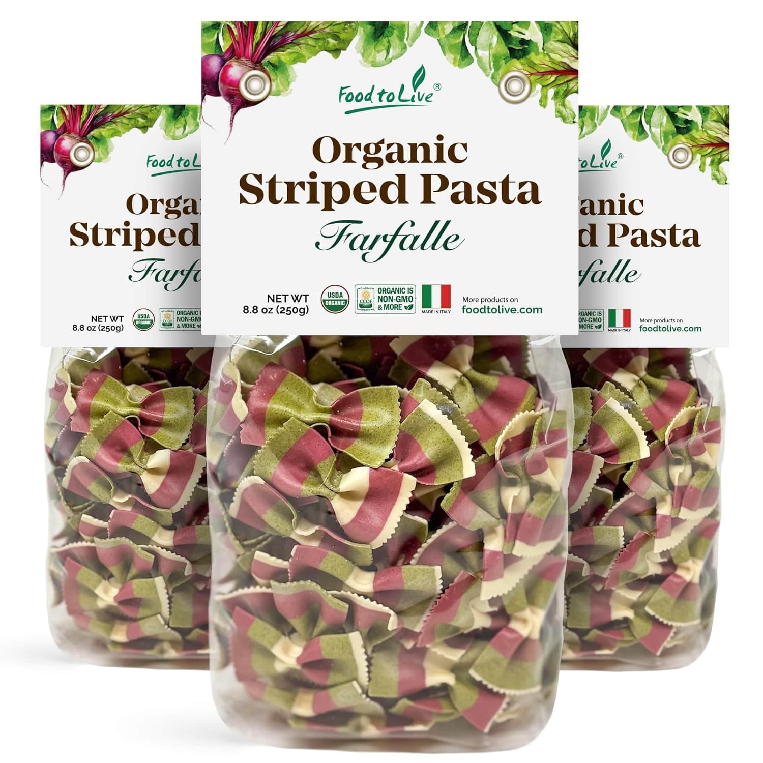 Organic Striped Farfalle Pasta, 8.8 Oz (Pack Of 3) - Italian Artisan Tri-Color Bow-Tie Pasta. Non-GMO, Vegan, Made With Semolina, Beet And Spinach. Perfect For Gourmet Cooking