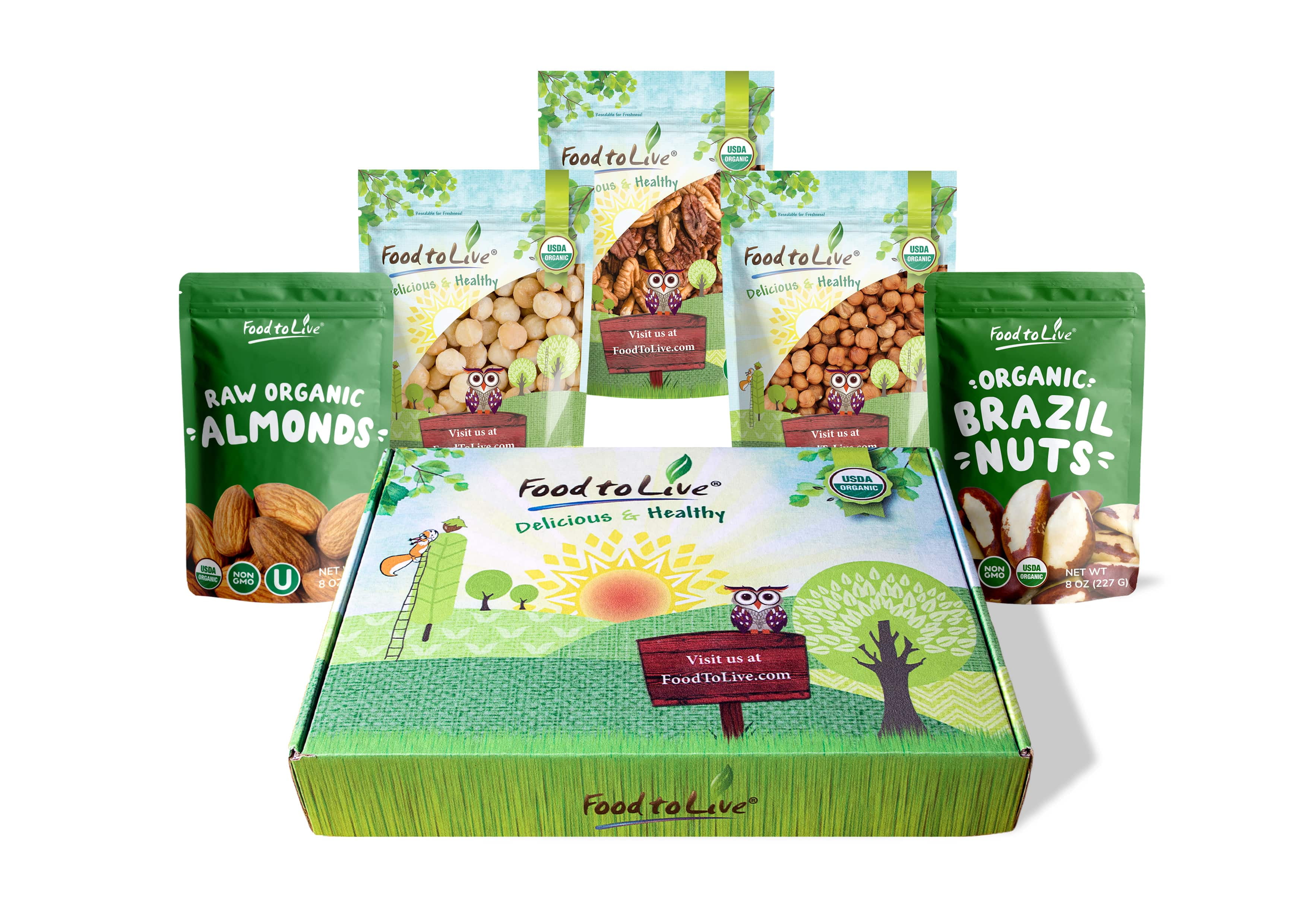 Organic Supreme Nuts in a Gift Box - A Variety Pack of Pecans, Macadamia Nuts, Almonds, Hazelnuts and Brazil Nuts ? by Food to Live