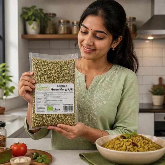 Organic Swaad Green Mung Chilka (Moong) Dal Split With Skin 1kg EU and India Organic Certified