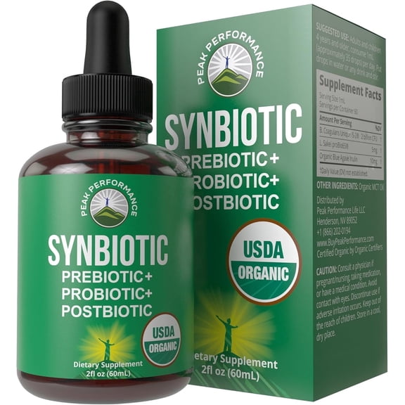 Organic Synbiotic = Prebiotics + Probiotics + Postbiotics 3-in-1 Supplement for Women, Men, & Kids. Pre, Pro, & Post Biotics Liquid Drops for Gut + Microbiome Balance. Made in USA, Vegan, Zero Sugar