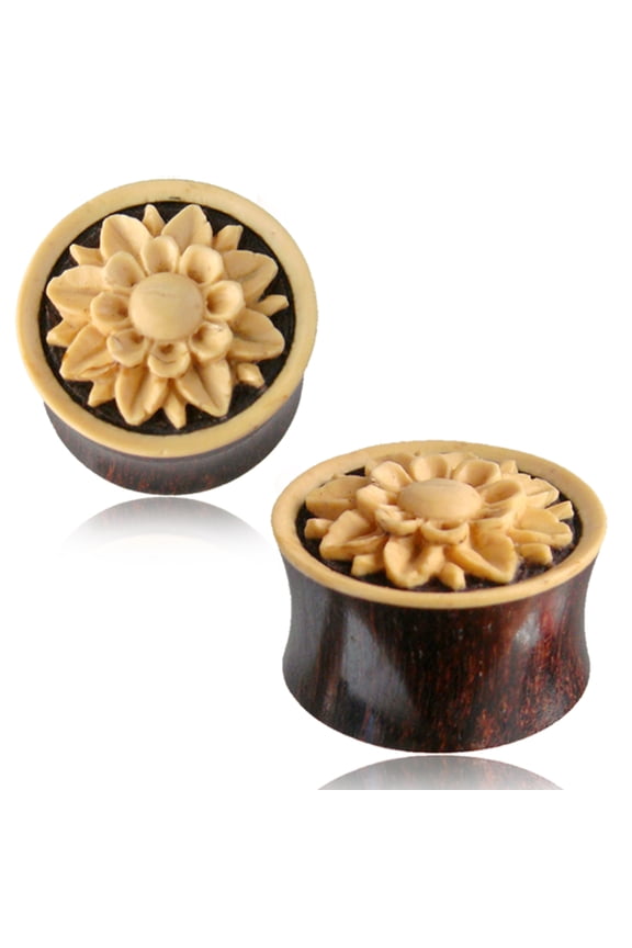 Organic Tamarind Wood Coco Shell Lotus Flower Floral Inlay Two-Tone Double Flared Saddle Ear Plugs, Pair