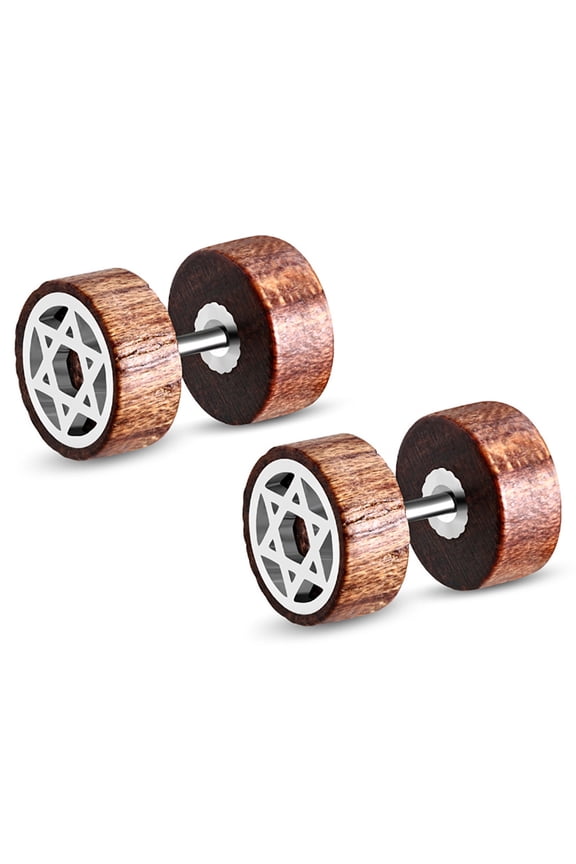 Organic Tamarind Wood Star of David Round Circle Stainless Steel Faux Fake Cheater Ear Plugs Gauge, Pair