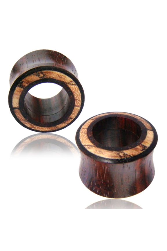 Organic Tamarind Wood Zebra Wood Inlay Two-Tone Double Flared Saddle Ear Tunnels, Pair