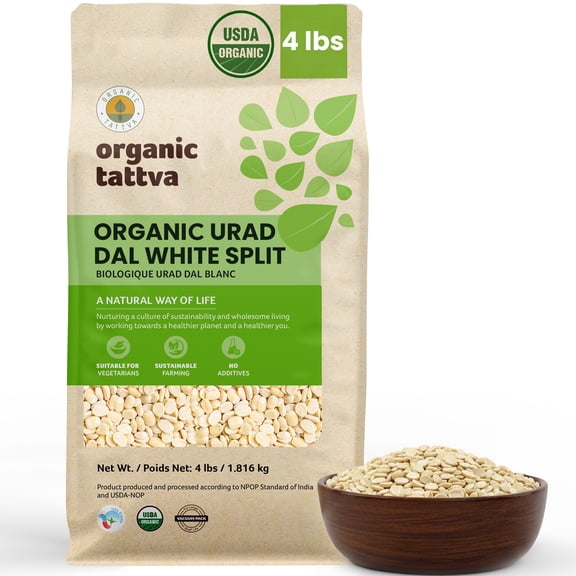Organic Tattva White Urad Dal Split 4LB, Dry White Lentils, Vegan, Kosher, No Additives, Gluten Free, USDA Certified