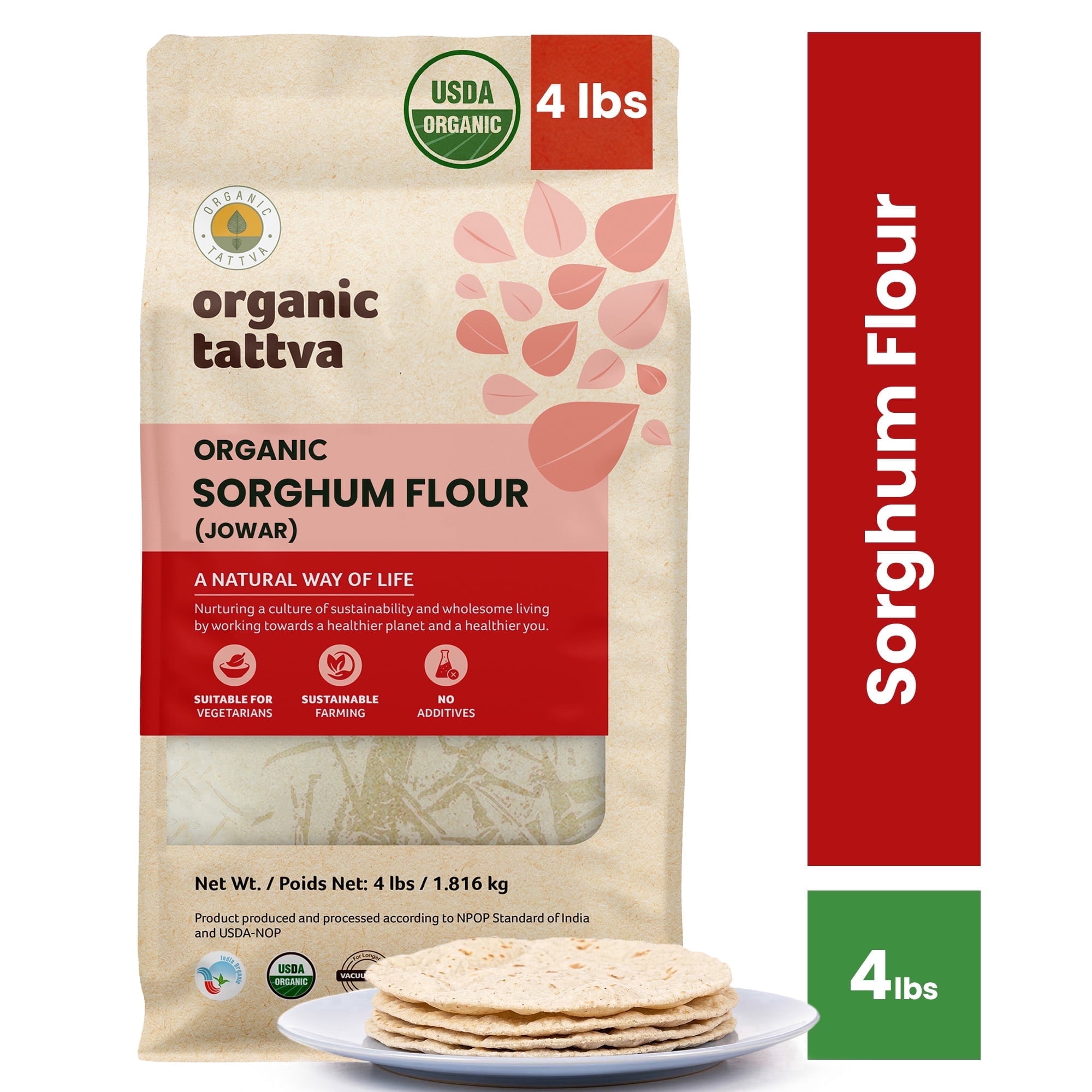 Joiwar Organic Tattva Sorghum Flour 4LB, Jowar Flour, Vegan, Kosher, No ...