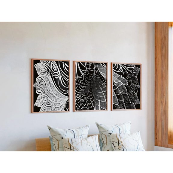 Organic Texture Mandala Wall Art Print Set Of 3, Webbed Feather Flowing Line Decor