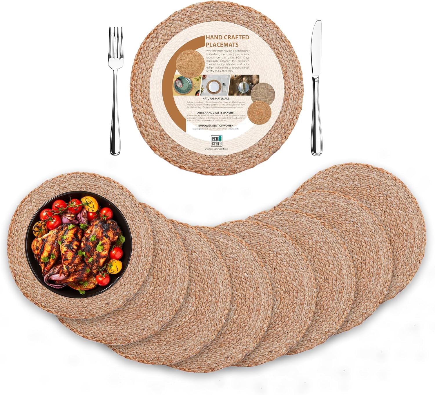 Woven Round Jute Placemats Set of 8 – Boho Farmhouse 100% Natural Non-Slip Handwoven Place Mats for Dining Table, Kitchen, Décor, and Events