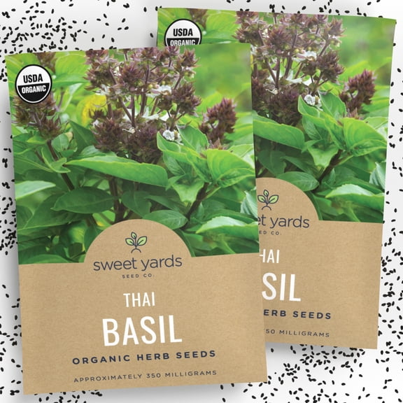 Organic Thai Basil Seeds - Seed MVR1Packet of Over 650 Open Pollinated Non-GMO Seeds - Sweet Yards Seed Co.