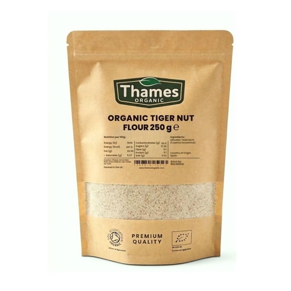 Organic Tiger Nut Flour - Made from Organic Peeled Tiger Nuts, Non-GMO, Vegan, No Additives, No Preservatives, Resealable Bag - Thames Organic 250g