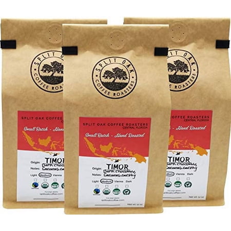 Organic Timor Roasted Whole Coffee Beans 12oz, Medium Roasted Coffee, Syrupy Notes, Dark chocolate, Roasted Fresh By Hand, Small Batches, Fair Trade, Perfectly Balanced Taste. (3 Pack)