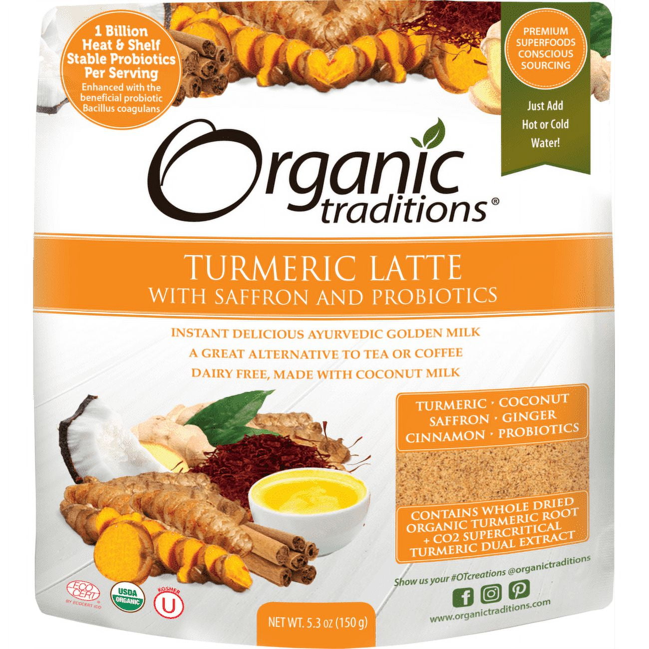 Organic Traditions Turmeric Latte Powder with Probiotics and Saffron