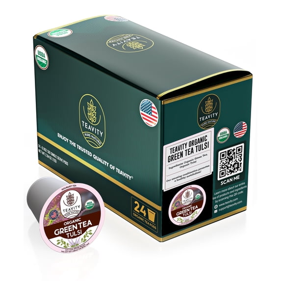Organic Tulsi Green Tea Pod Compatible with Keurig Brewers by Teavity (Tulsi Green Tea, 24 Tea Pods)