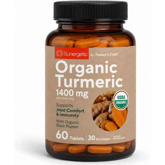 Sunergetic Organic Turmeric Supplement with Black Pepper, 1400 mg per Serving, 60 Count