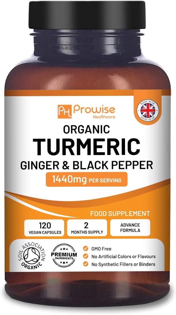 Organic Turmeric Capsules High Strength 1440mg | 120 Turmeric Capsules with Black Pepper, Ginger & Curcumin (2 Month Supply) | Turmeric Capsules High Strength Made in the UK by Prowise Healthcare