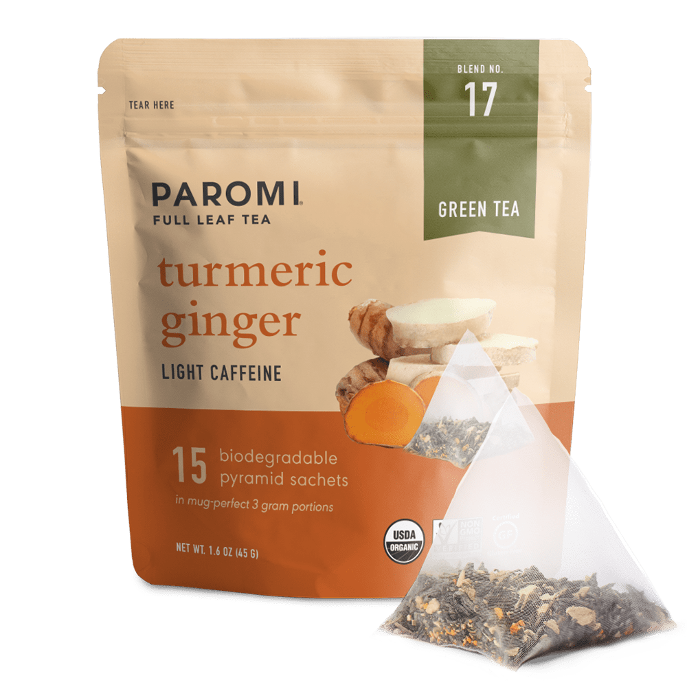 Organic Turmeric Ginger Green Tea, Full Leaf, in Pyramid Tea Bags by Paromi Tea