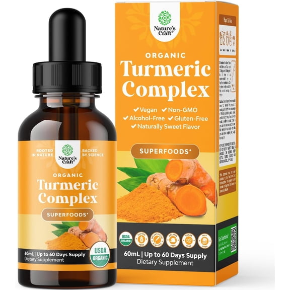 Organic Turmeric Liquid Drops for Adults - Turmeric Curcumin with Black Pepper, Cinnamon & Ginger Extract Liqui 60ml