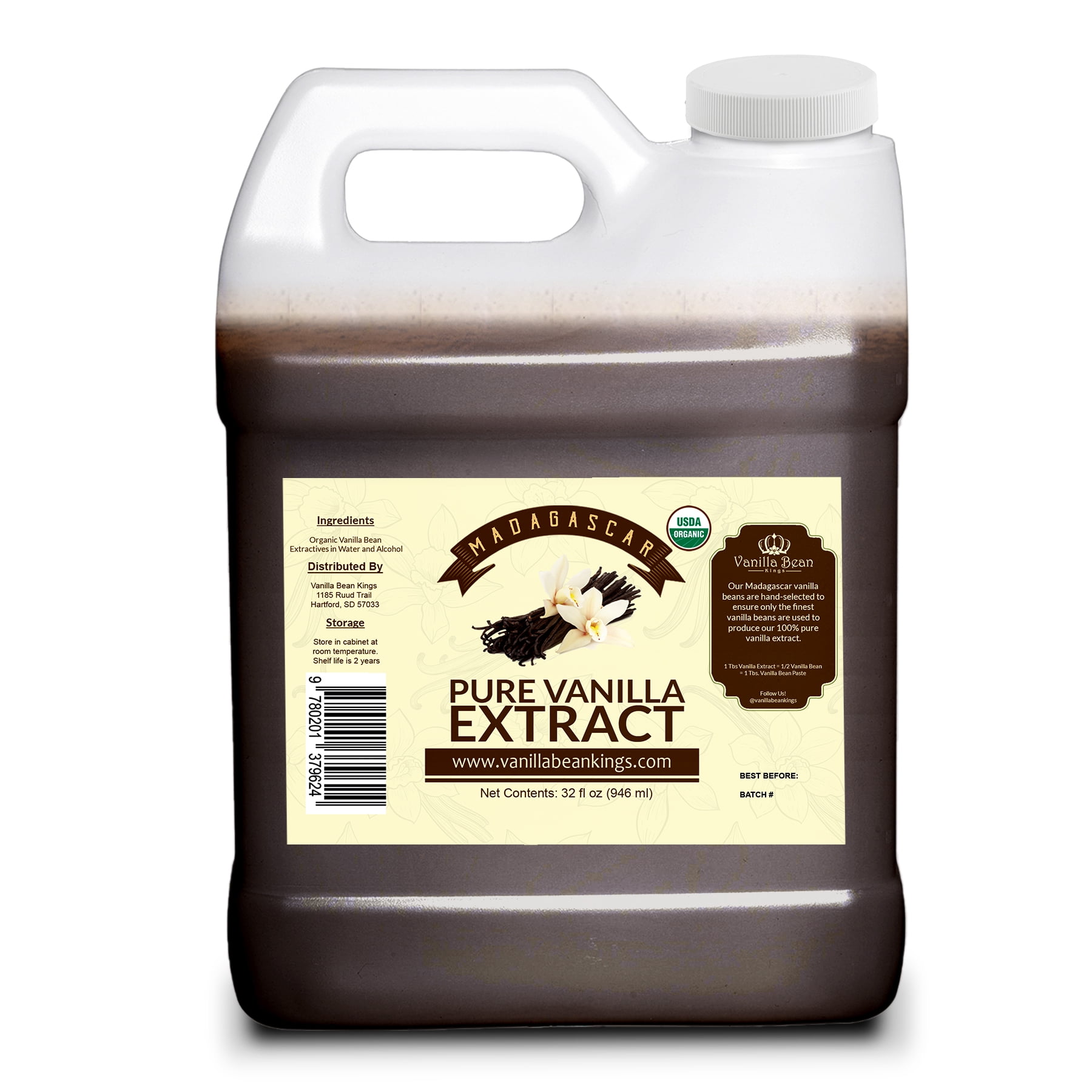 Organic Vanilla Extract - Made with Madagascar Vanilla Beans – For Baking, Desserts, Home Cooking and Chefs - 32 OZ