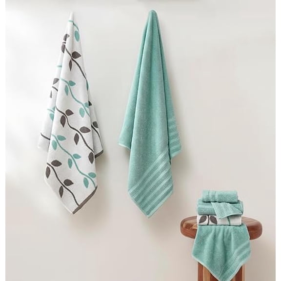 Organic Vines 6-Piece 100% Cotton Towel Set – Yarn Dyed Jacquard & Solid – Includes 2 Bath Towels, 2 Hand Towels, 2 Washcloths – Absorbent, Quick Dry, Soft & Durable – Aqua