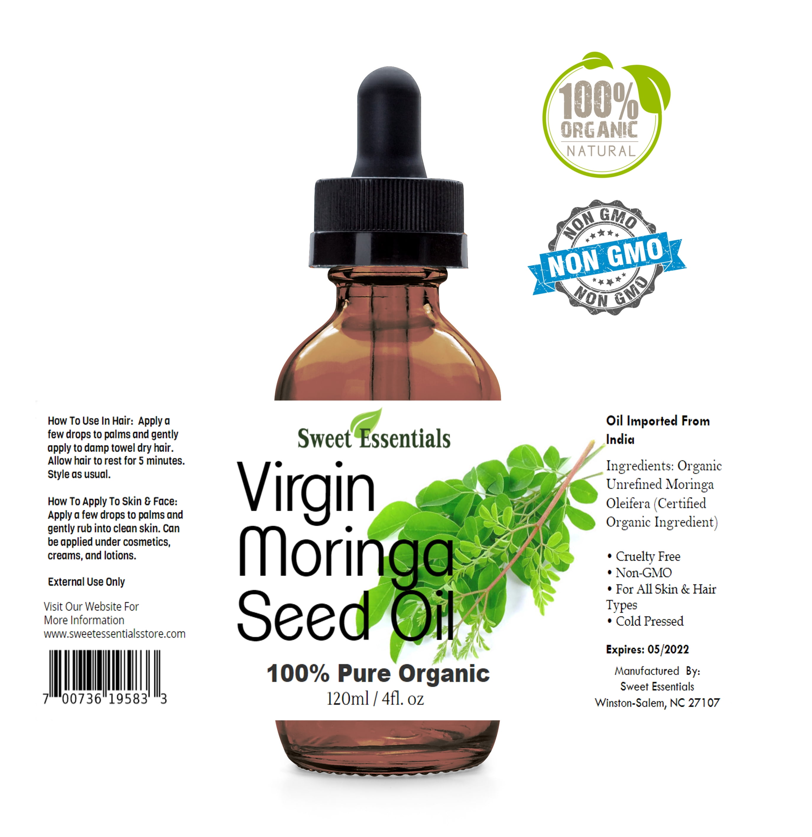 Organic Virgin Unrefined Moringa Seed Oil | 4oz Glass Bottle | Imported from India | 100% Pure | Cold-Pressed | Natural Moisturizer for Skin, Hair and Face | By Sweet Essentials