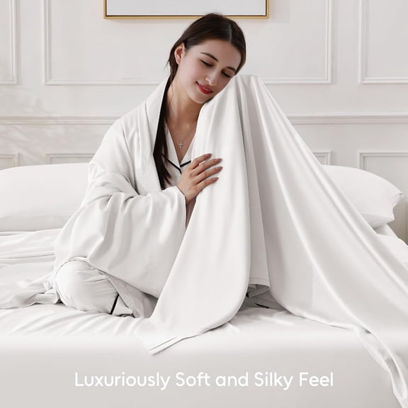 Organic Viscose Derived from Bamboo, 4-Piece Queen Bed Sheet Set, Ultra Soft & Luxuriously Cooling Sheets, Deep Pocket Fits 16" Mattress, Perfect for Hot Sleepers, White