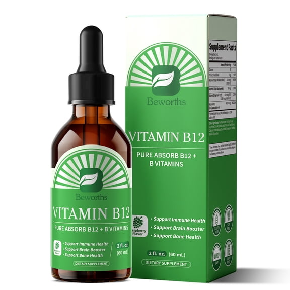 Vitamin B12 Liquid Drops, B12 Sublingual Vitamin B Complex, for Energy, Brain, and Heart Support,Raspberry Flavor, 2 Fl Oz