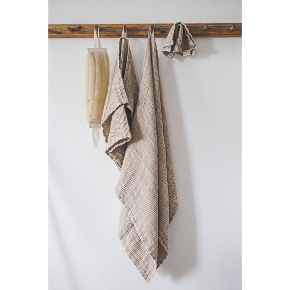 Organic Waffle Linen Towel Set - Heavyweight Softened Bath, Hand & Face Towels, Natural Eco-Friendly Linen Bathroom Towels