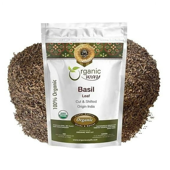 Organic Way Basil Leaf Cut and Sifted | Non GMO, Kosher, USDA Certified Organic Basil Leaves | Dried and Ground Peppery and Aromatic Seasoning for Soups | 100% Raw from India (4 oz - 1/4 lbs)