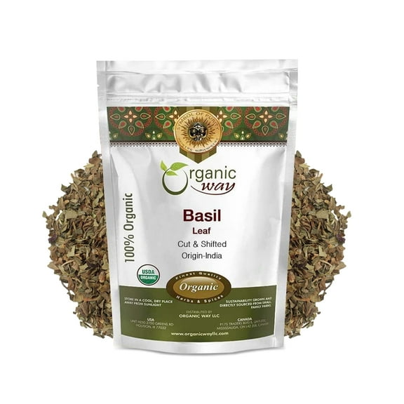Organic Way Basil Leaf Cut and Sifted | Non GMO, Kosher, USDA Certified Organic Basil Leaves | Dried and Ground Peppery and Aromatic Seasoning for Soups | 100% Raw from India (16 oz - 1/4 lbs)
