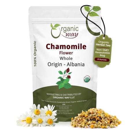 Organic Way Chamomile Flower Whole (Matricaria Chamomilla) - European Wild-Harvest | Organic & Kosher Certified | Vegan | Non GMO & Gluten Free | USDA Certified | Origin - Albania (1/2 LBS / 8 Oz)
