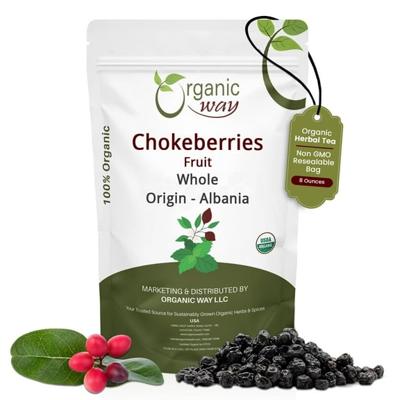Organic Way Chokeberries Fruit/Aronia Berry Whole (Aronia Melanocarpa) - European Wild-Harvest | Organic & Kosher Certified | Non GMO & Gluten Free | USDA Certified | Origin - Albania (1/2 lbs /8 oz)