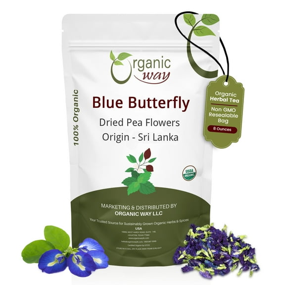 Organic Way Dried Blue Butterfly Pea Flowers 100% USDA Organic Vegan Non GMO Gluten Free 8 Oz