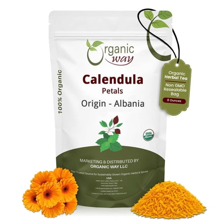 Organic Way Dried Calendula Flower Petals - Herbal Tea | European Wild-Harvest | Organic & Kosher Certified | Raw, Vegan, Non GMO & Gluten Free | USDA Certified | Origin - Albania (1/2 lbs / 8 oz)