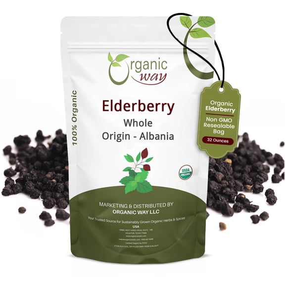 Organic Way Dried Elderberry Whole, USDA Organic, Kosher Certified, Gluten-Free, (32 oz)
