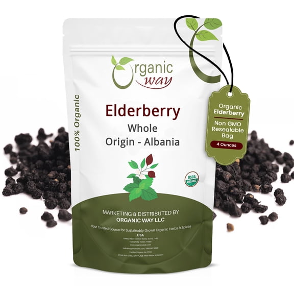 Organic Way Dried Elderberry Whole (Sambucus Nigra) - European Wild-Harvest | Organic & Kosher Certified | Vegan, Non GMO & Gluten Free | USDA Certified | Origin - Albania (1/4LBS / 4Oz)