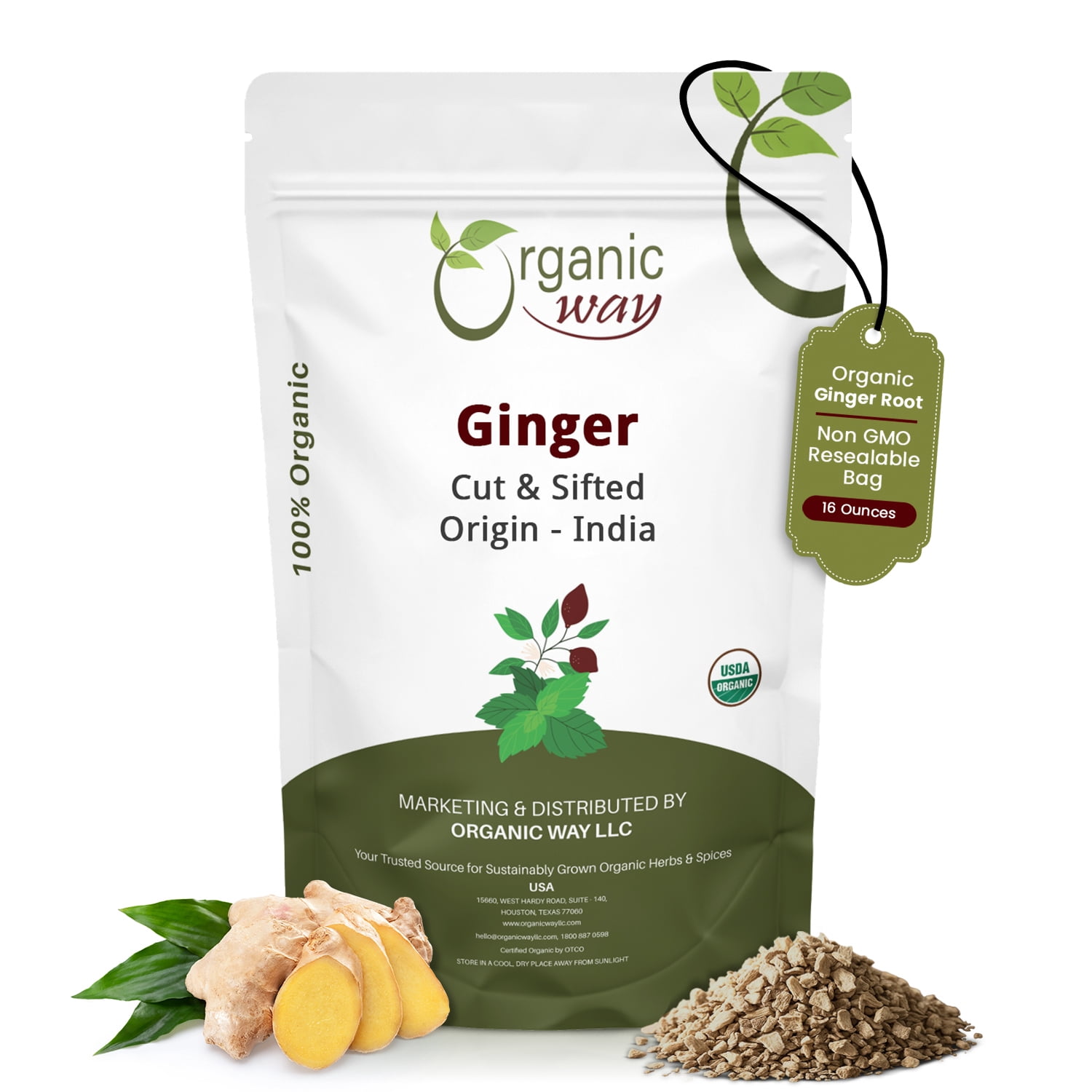 Organic Way Dried Ginger Root, Cut & Sifted, Kosher & USDA Certified, Vegan, Non-GMO, Gluten-Free, 16 oz