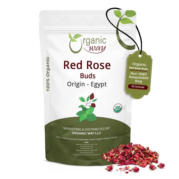 Organic Way Dried Red Rose Buds Herbal Tea, Organic Certified, Wild Harvested in Europe, USDA & Kosher Certified, Vegan, Non-GMO, Gluten Free, Product of Egypt, 16 oz