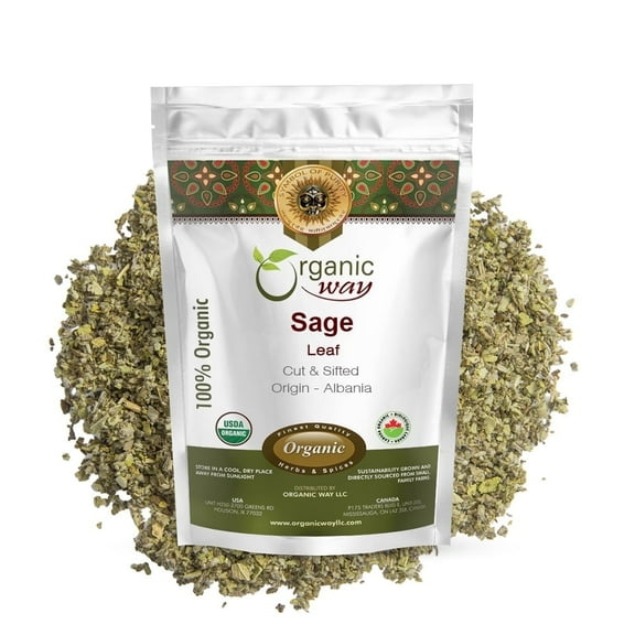 Organic Way Dried Sage Leaf Cut & Sifted | Herbal Tea - European Wild-Harvest | Organic & Kosher Certified | Raw, Vegan, Non GMO & Gluten Free | USDA Certified | Origin - Albania (1LBS / 16Oz)