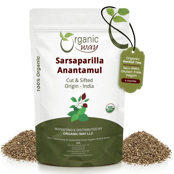 Organic Way Dried Sarsaparilla / Anantamul Root (Hemidesmus indicus) Cut & Sifted - Organic & Kosher Certified | Raw, Vegan, Non GMO & Gluten Free | USDA Certified | Origin - India (1/4LBS / 4Oz)