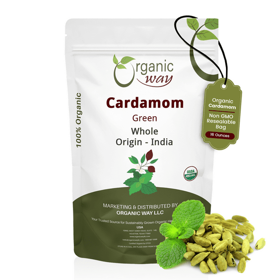 Organic Way Green Cardamom Whole Pods, Hari Elaichi (Elettaria Cardamomum) - Adds Flavour | Organic & Kosher Certified | Non GMO & Gluten Free | USDA Certified | Origin - India (1 lbs - 16 oz)