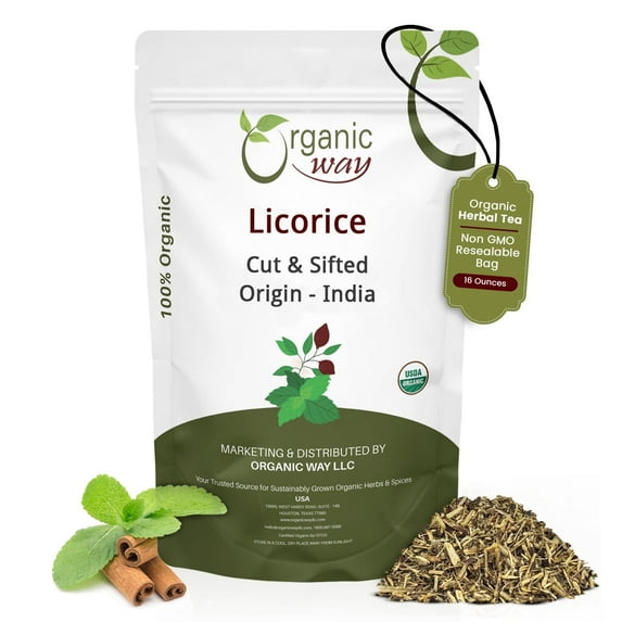 Organic Way Licorice Root Cut & Sifted (Glycyrrhiza Glabra) - Organic & Kosher Certified | Vegan, Non GMO & Gluten Free | USDA Certified | Origin - India (1 lb/ 16 oz)