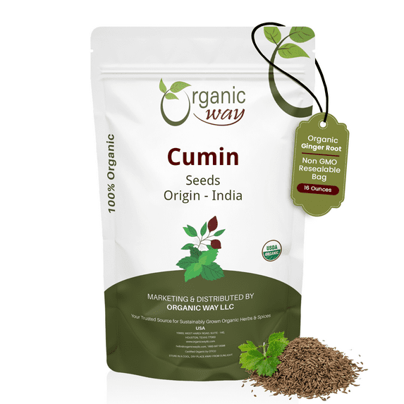 Organic Way Premium Cumin/Jeera Seeds Whole (Cuminum cyminum) - Adds Flavour & Aroma | Organic & Kosher Certified | Raw, Vegan, Non GMO & Gluten Free | USDA Certified | Origin - India (1 LBS / 16 Oz)