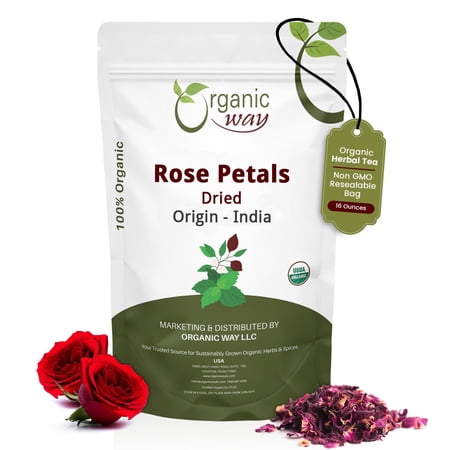 Organic Way Rose Petals Dried (Rosa Centifolia) - Pure, Edible & Fragrant for Tea | Organic & Kosher Certified | Raw, Vegan, Non GMO & Gluten Free | USDA Certified | Origin - India (1 lbs / 16 oz)