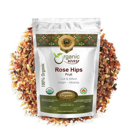 Organic Way Rosehips Fruit Seedless Cut & Sifted (Rosa Canina) - European Wild-Harvest | Organic & Kosher Certified | Vegan, Non GMO & Gluten Free | USDA Certified | Origin - Albania (1 LBS / 16 Oz)