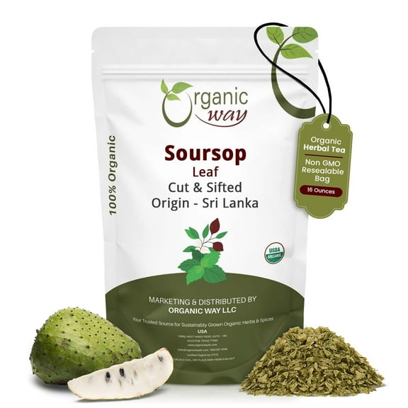 Organic Way Soursop Leaf Cut & Sifted (Annona Muricata) - Organic & Kosher Certified | Raw, Vegan, Non GMO & Gluten Free | USDA Certified | Origin - Sri Lanka (1LBS / 16Oz)