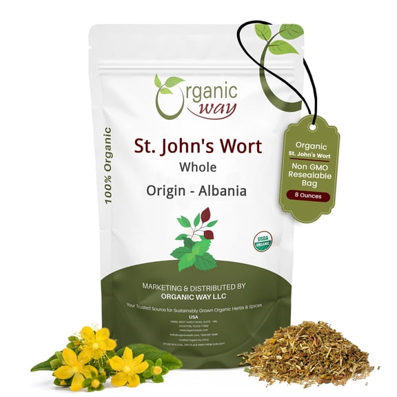 Organic Way St. John's Wort Whole (Hypericum perforatum) - European Wild-Harvest | Organic & Kosher Certified | Vegan, Non GMO & Gluten Free | USDA Certified | Origin - Albania (1/2LBS / 8Oz)